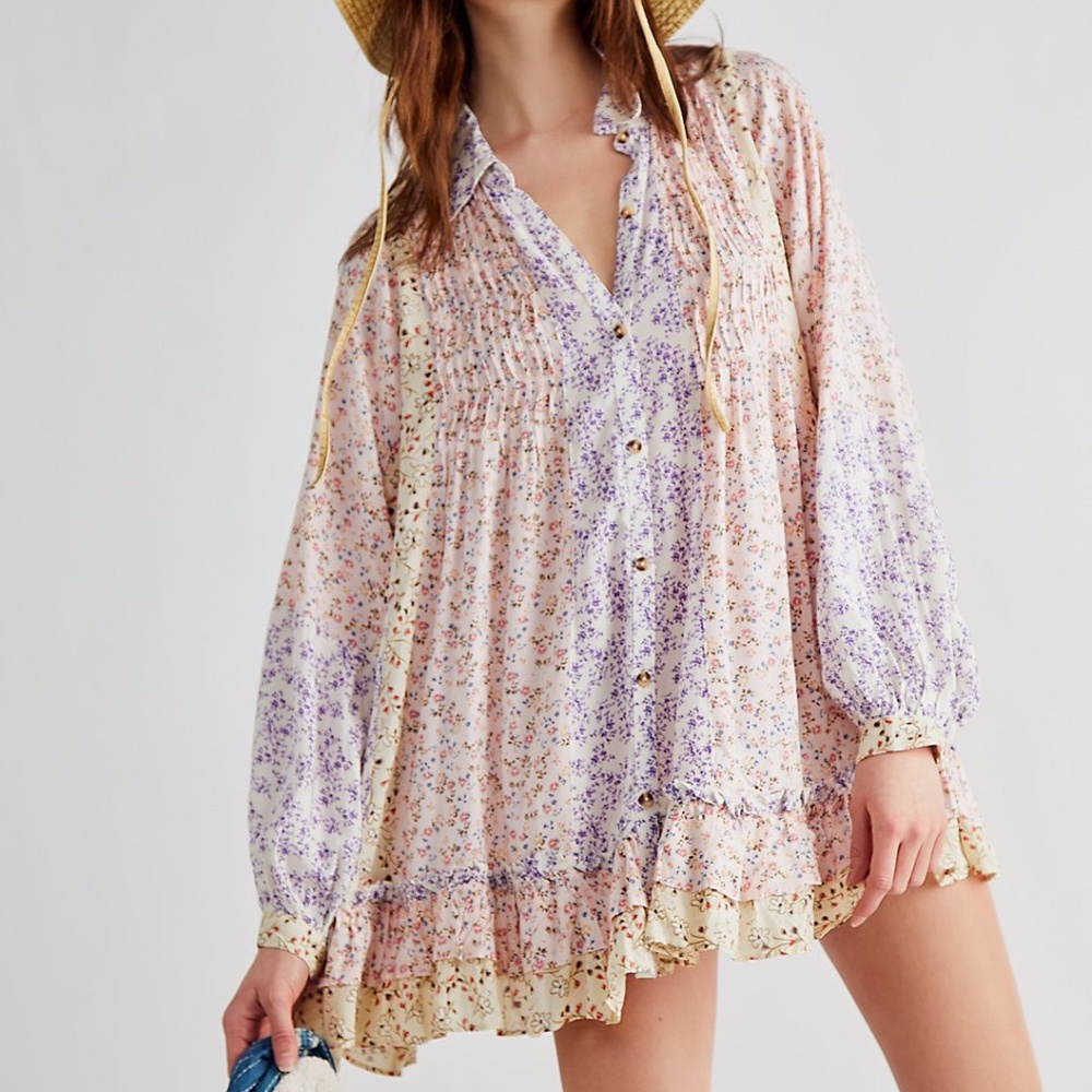 Free People Cream Floral Ruffled Tunic with Lavender and Pink Accents